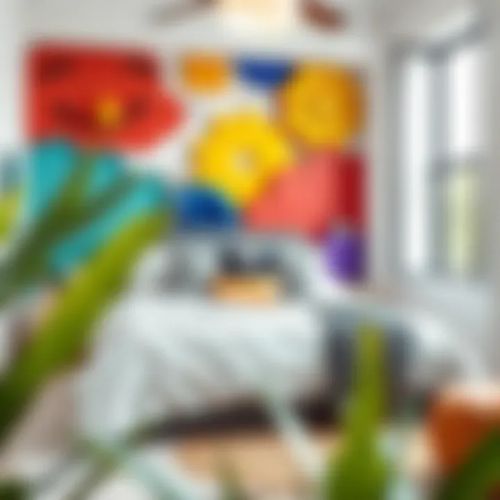 Expressive Modern Bedroom Decor A modern bedroom featuring vibrant 3D wall stickers that reflect personal expression and style.