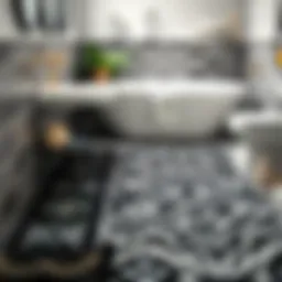 A stylish black boho bathroom rug featuring intricate patterns