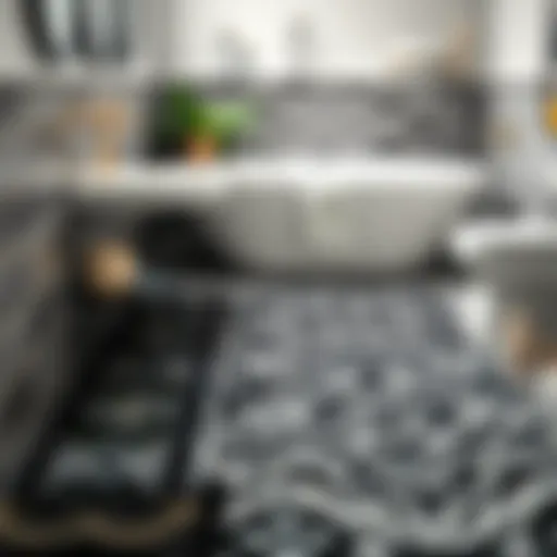 Intricate Patterns of Black Boho Bathroom Rug A stylish black boho bathroom rug featuring intricate patterns