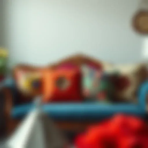 A Vibrant Arrangement of Bohemian Couch Cushions Vibrant bohemian couch cushions arranged on a vintage sofa