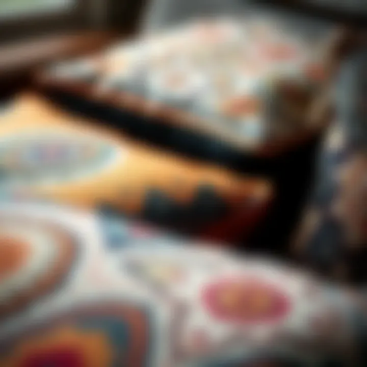 Close-up of intricate textile patterns on boho cushions