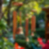 Serenity in Sound: Copper Chimes in Nature Artistic arrangement of copper bell wind chimes in a serene garden setting