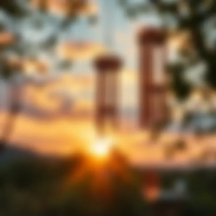 Harmony at Dusk: Chimes and Nature's Embrace A tranquil setting featuring copper bell wind chimes at sunset
