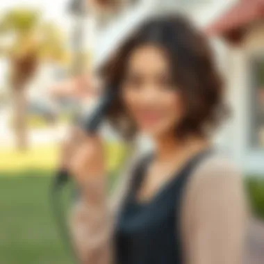 Person using a cordless curling iron in a casual outdoor setting.