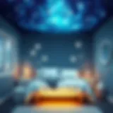 A serene bedroom illuminated with star-like lights, creating a tranquil atmosphere.