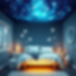 A serene bedroom illuminated with star-like lights, creating a tranquil atmosphere.