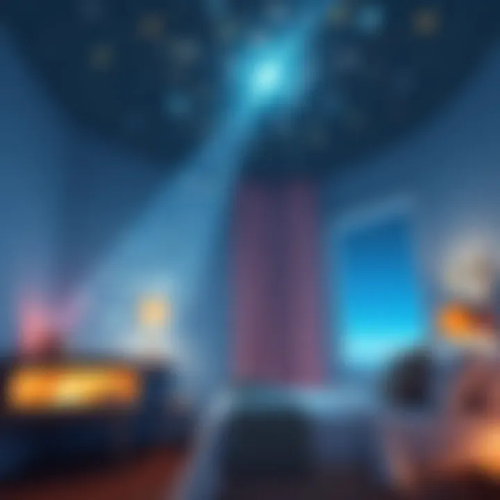 Calming Starlight Projections A calming view of a bedroom with starlight projections on the ceiling.