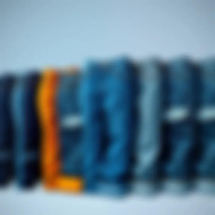 A collection of cuffed denim jeggings in various colors and styles displayed neatly