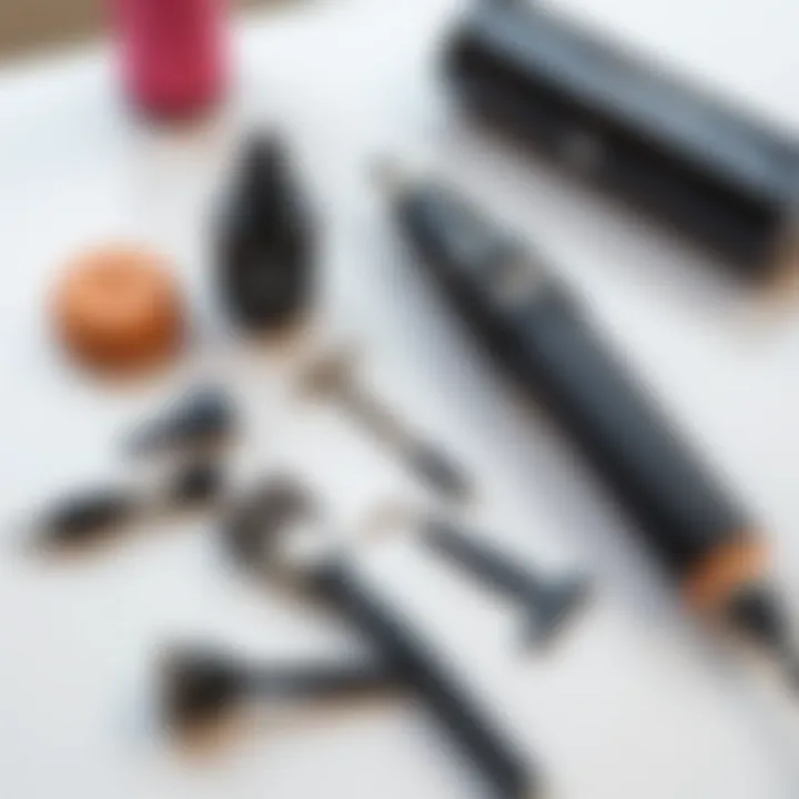 Maintenance tools and tips laid out beside a cordless curling iron.