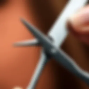 Precision Trimming with Curved Eyebrow Scissors Close-up of eyebrow scissors in action, trimming brows