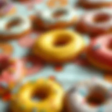 Intricate Donut Patterns on Tablecloth Close-up shot of various donut patterns on a tablecloth, highlighting intricate details and colors