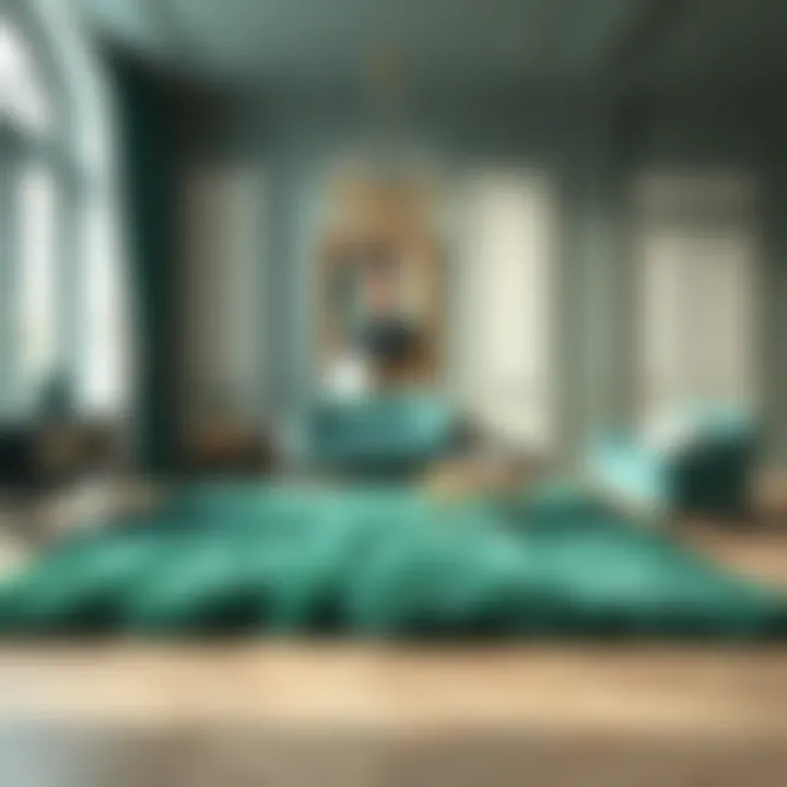 Stylishly placed emerald green fur rug in an elegant bedroom