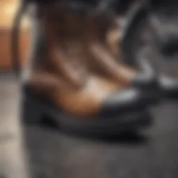 A close-up view showcasing the rugged design of thick sole motorcycle boots with prominent treads.