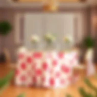 Elegant Event Table with Donut Tablecloth A beautifully set event table adorned with a donut tablecloth, surrounded by matching decor elements