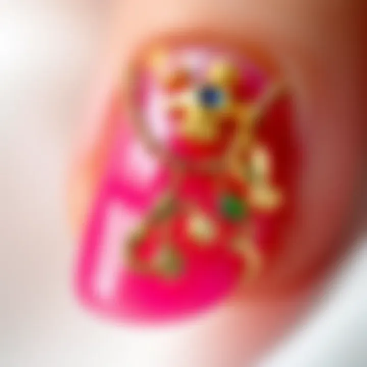 Close-up of a creative nail art design featuring intricate 3D charms