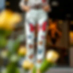 Elegant butterfly print straight leg jeans on display