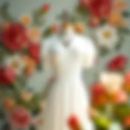An elegant white summer dress with short sleeves displayed on a vintage mannequin against a floral backdrop.