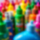 Colorful array of Crayola non-toxic paint bottles