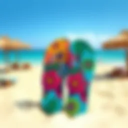 Colorful fabric strap flip flops displayed on a beach