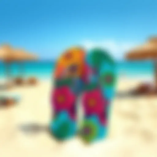 Vibrant Fabric Strap Flip Flops Colorful fabric strap flip flops displayed on a beach