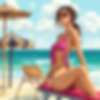 A stylish beach setting featuring a model in a vibrant hanky hem bikini top