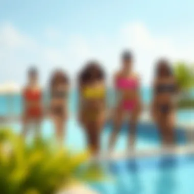 Empowerment Through Style: High-Waisted Bikinis Diverse models showcasing high-waisted bikinis at a resort