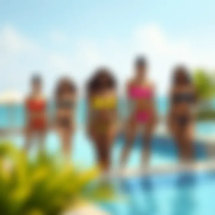 Empowerment Through Style: High-Waisted Bikinis Diverse models showcasing high-waisted bikinis at a resort