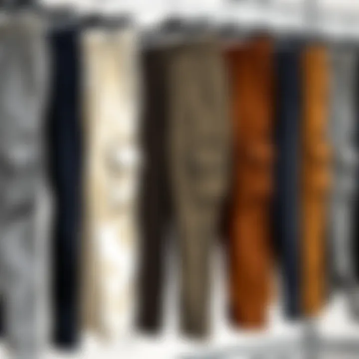 Different styles of cargo pants displayed on a rack