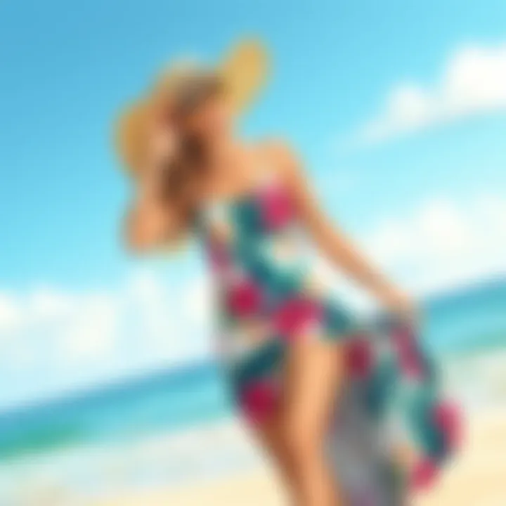 Stylish Tropical Swim Dress on Beach Stylish tropical swim dress styled with accessories on a beach