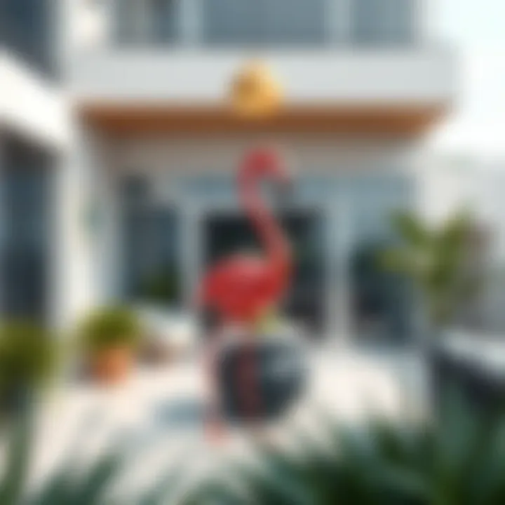 Modern Centerpiece: Flamingo Elegance Large flamingo statue as a centerpiece in a modern outdoor space