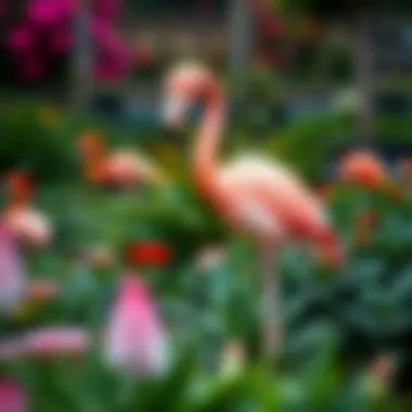 Flamingo in Garden Harmony Vibrant flamingo statue in a lush garden setting