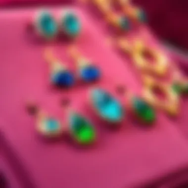 Sophisticated Display of Blue and Green Earrings Elegant blue and green earrings displayed on a velvet background