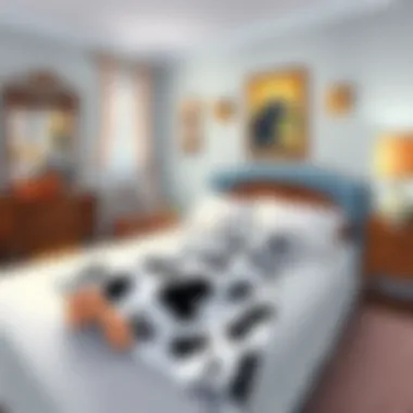 Cozy Bedroom with Cow Print Nightgown A cozy bedroom setting featuring cow print nightgown on a bed