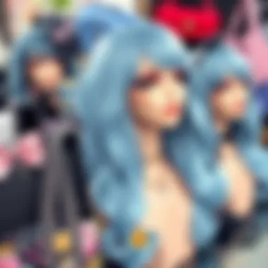 An elegant styling setup featuring greyish blue wigs alongside popular hair accessories.