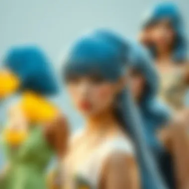 A vibrant fashion shoot featuring models in greyish blue wigs, emphasizing their versatility.