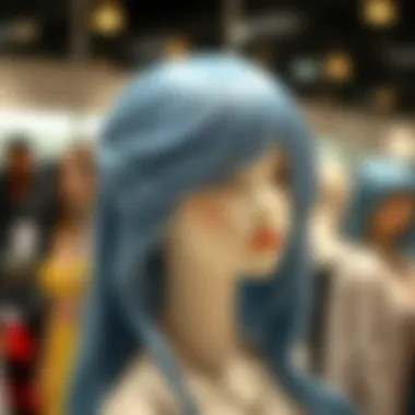 A stunning greyish blue wig displayed on a mannequin, highlighting its texture and color gradient.
