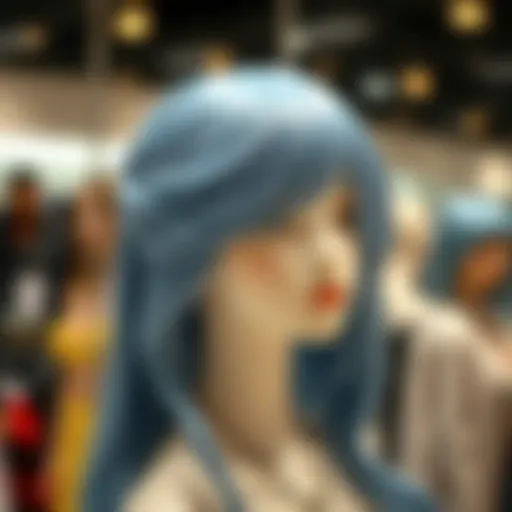 A stunning greyish blue wig displayed on a mannequin, highlighting its texture and color gradient.