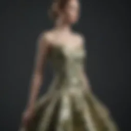 Elegant leaf pattern prom dress displayed on a mannequin