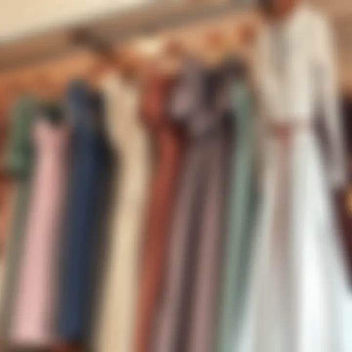A collection of old fashioned dresses hanging in an elegant boutique, showcasing various styles and colors.