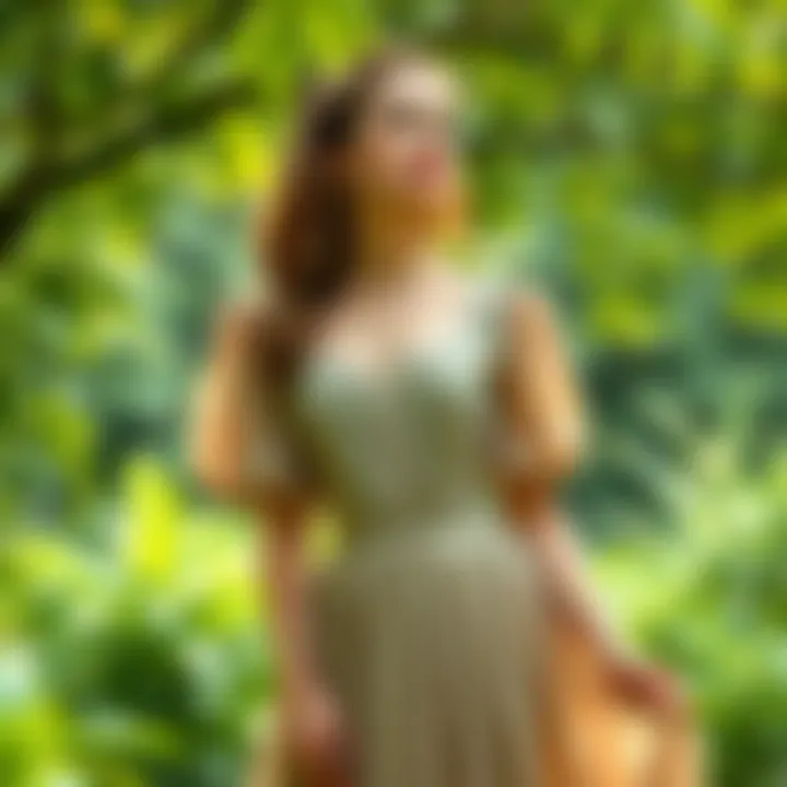 A scenic outdoor setting featuring a model wearing an old fashioned dress, surrounded by lush greenery.