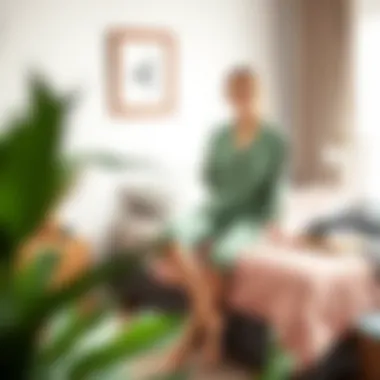 Chic Bedroom Setting with Sage Green Silk Pajamas Sage green silk pajamas styled in a chic bedroom setting