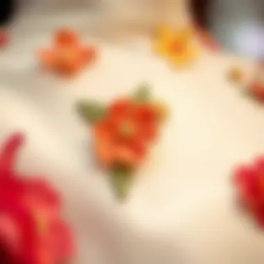 Garment Detail with Floral Embellishments Close-up of a garment featuring small flower appliques