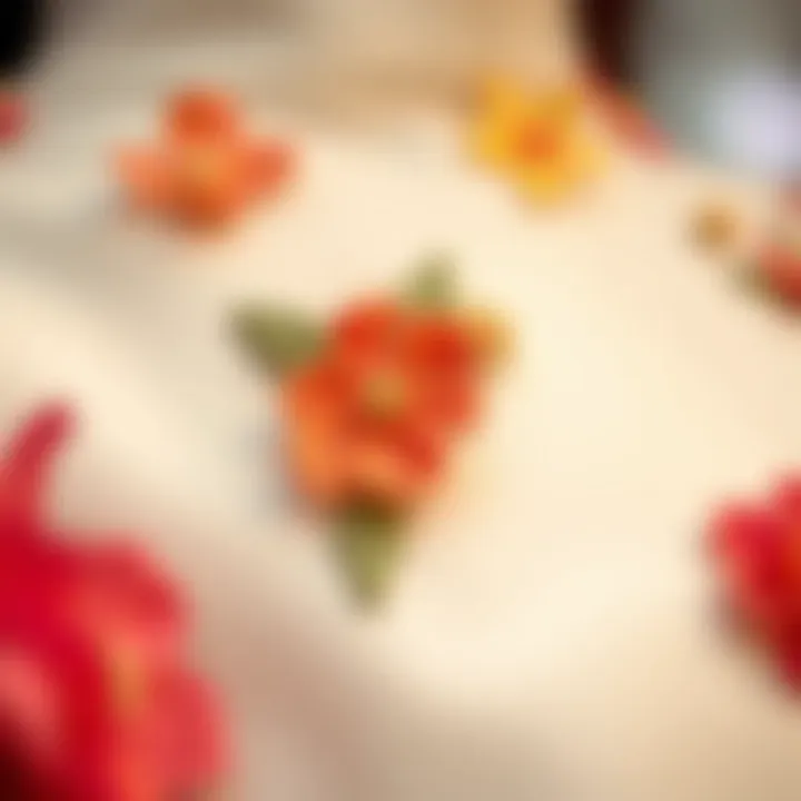 Garment Detail with Floral Embellishments Close-up of a garment featuring small flower appliques