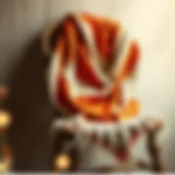 A beautifully crafted boho shawl draped elegantly over a rustic wooden chair