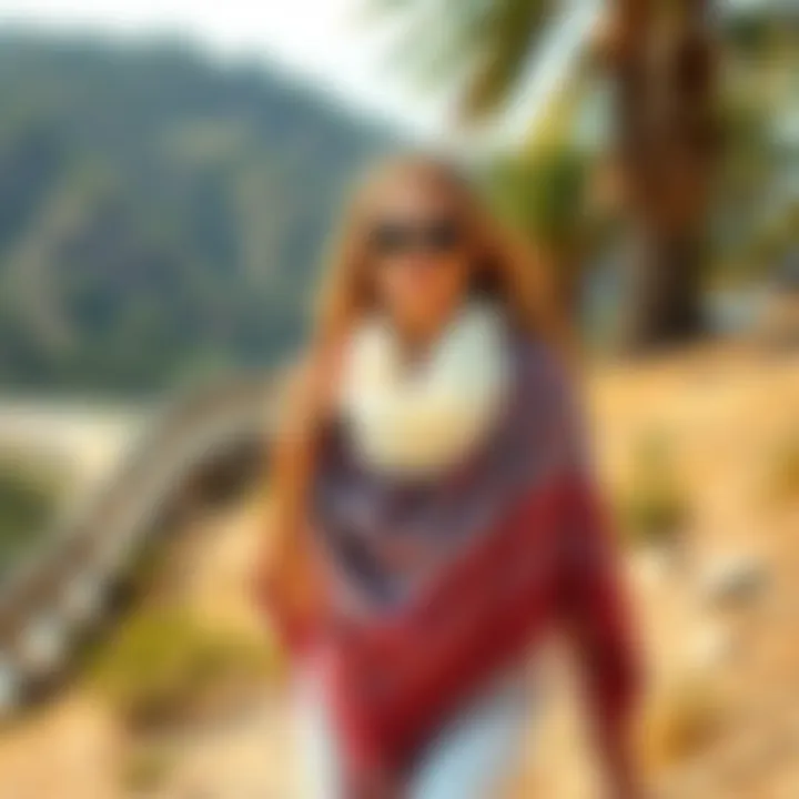 Versatile Styling of Boho Shawl A model showcasing multiple styling options with a boho shawl in a scenic outdoor setting