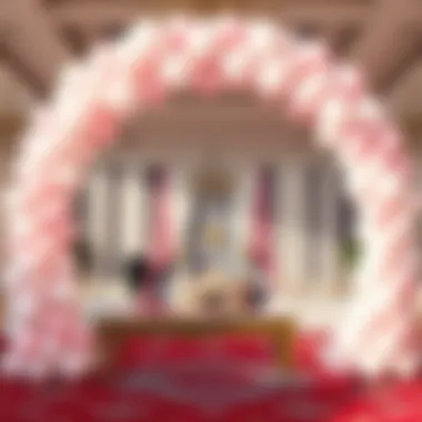 A beautifully decorated event space featuring a circular balloon arch