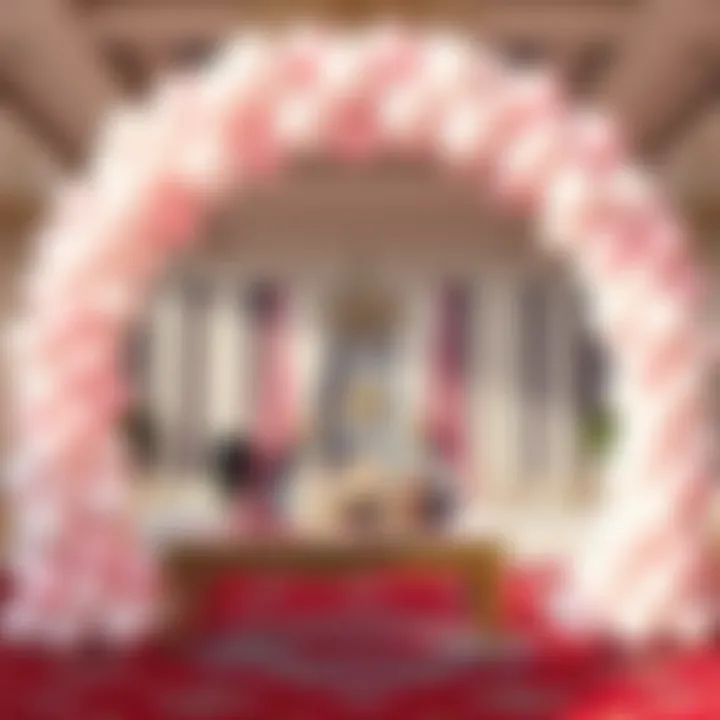 A beautifully decorated event space featuring a circular balloon arch