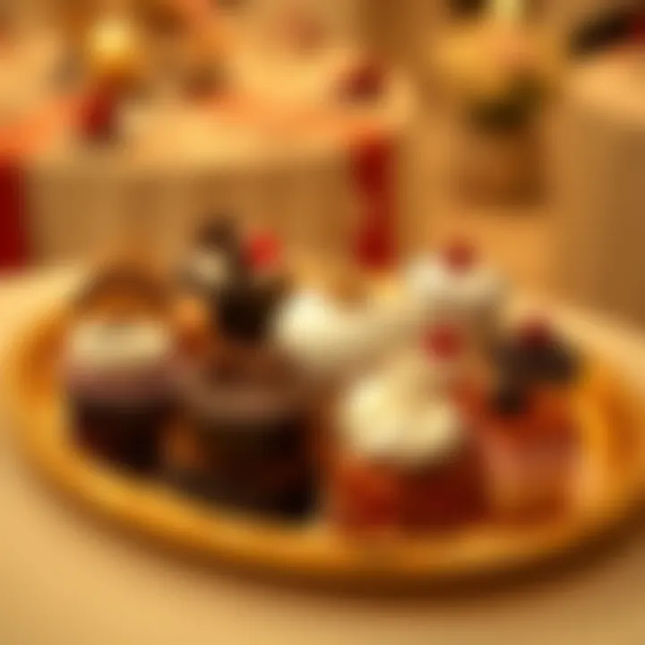 Stylish arrangement of assorted desserts on a gold tray at a formal event