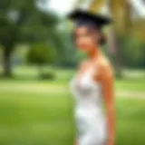 Elegant form-fitting graduation dress in a serene outdoor setting