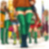 A vibrant display of green leg warmers styled with various outfits